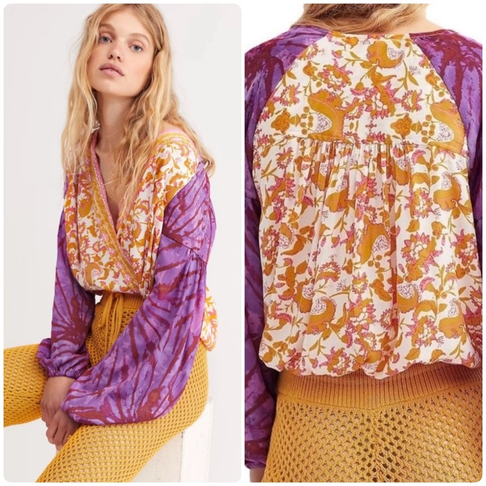 Free People Cruisin Together Boho Mixed Floral V-Neck Wrap Blouse Top XS
